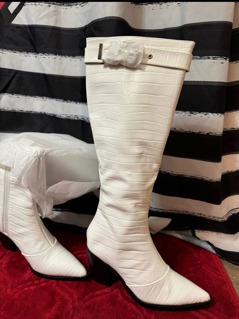 White Croc-Embossed Knee Boot with Buckle Detail